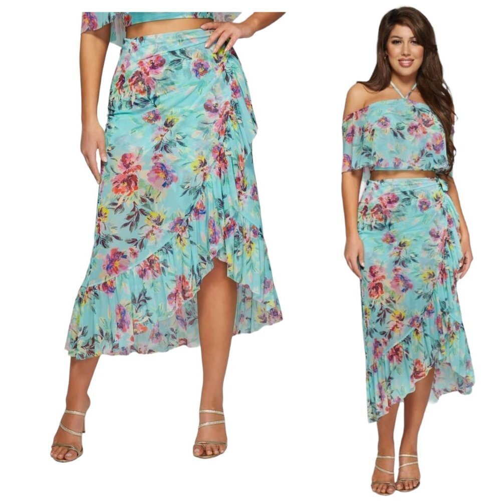 NWT  Marciano Paloma floral turquoise Ruffle Midi Skirt S (match top listed too)